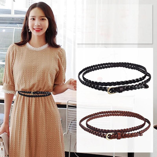 Women's Double Circle Woven Thin Belt Casual Korean Decorative Sweater Dress Belt Knotted and Lengthened Maroon Belt