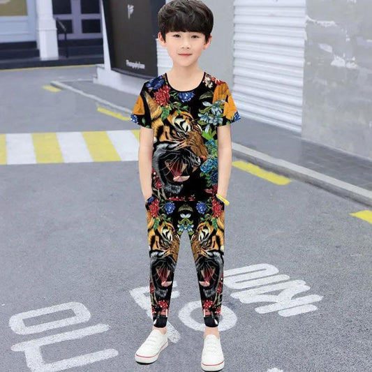 Boys Summer Handsome Short-sleeved Clothes Suit Children's Sports T-shirt Spring and Autumn Trousers Trendy