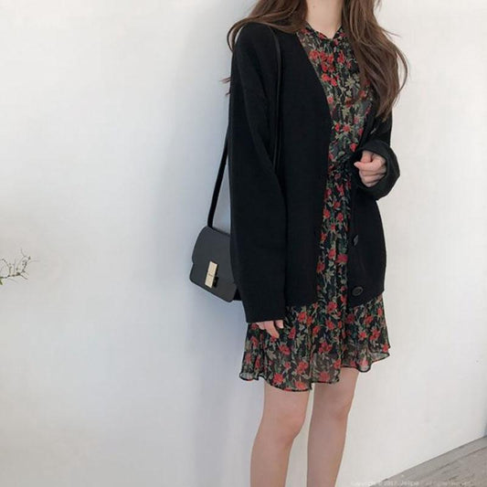 Women's Autumn Sweater Cardigan Long-sleeved Thin V-neck Thickened All-match Solid Color Coat Sweater
