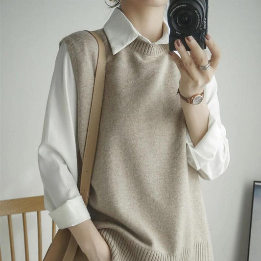 Autumn Winter Women Vest Solid Soft Polyester Knitted Vest All-match Short Plus Size Round Neck Loose Sleeveless Sweater Female Pullover Outwear