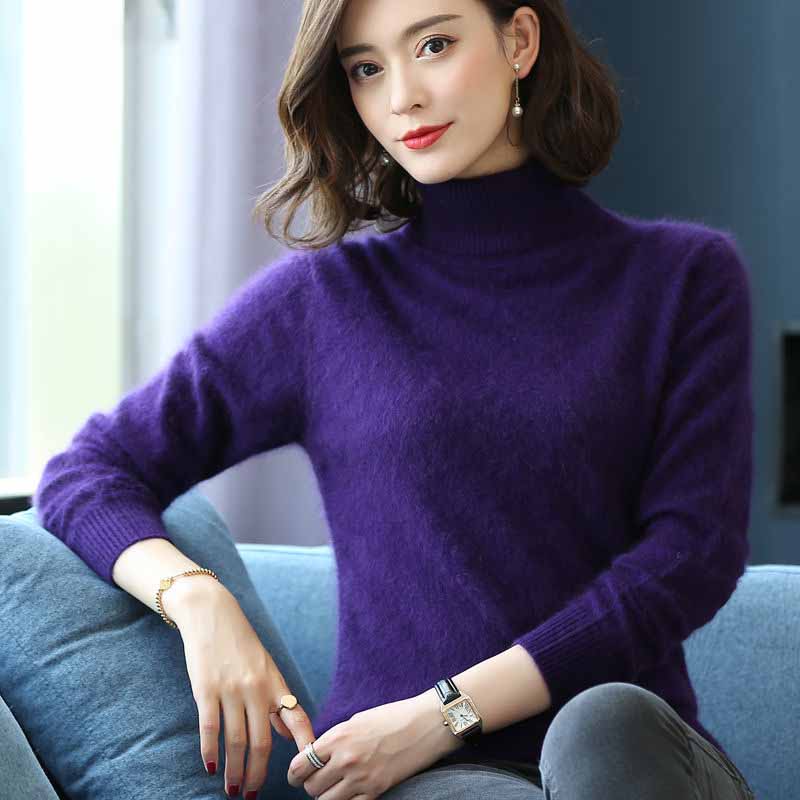 Women's Turtleneck Mink Sweater Thick Warm Slim Pullover Sweater 100% Real Mink Hair Fuzzy Sweater