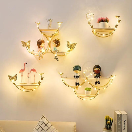 Double Layer Storage Rack Metal Wood Punch-free Shelf Flower Bird Modeling Display Stand with Light Strip