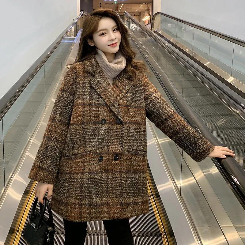 Cotton Woolen Plaid Coat Women's Mid-length Spring Loose Woolen Coat