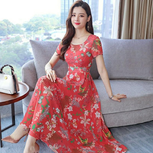 Ice Silk Dress Female Short-sleeved Temperament Was Thin Floral A-line Skirt Round Neck Large Hem Skirt Large-size Skirt Waist Was Thin