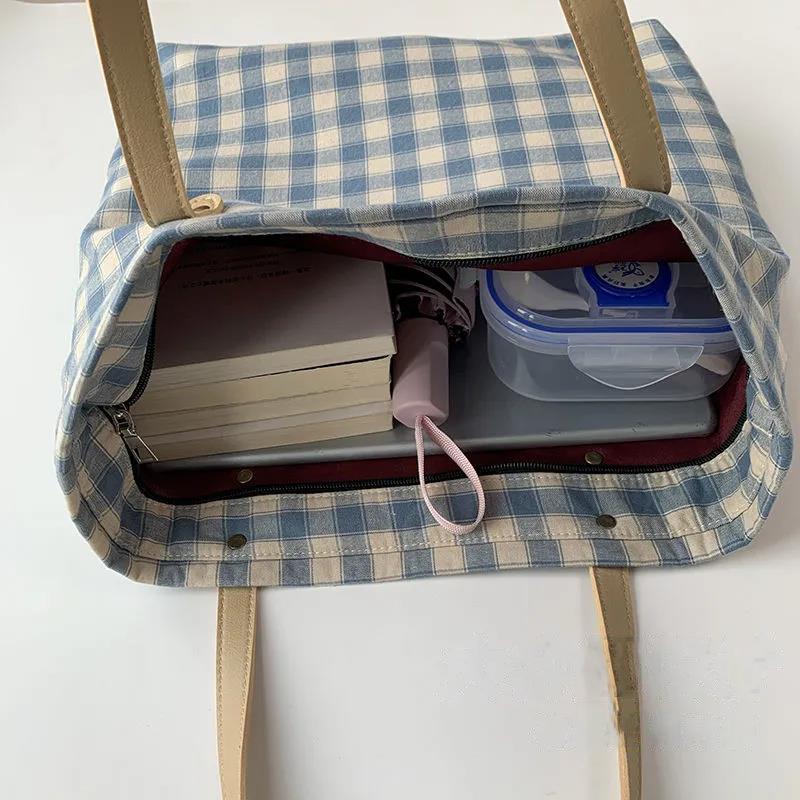 Large-capacity Plaid Bag Women Canvas Bags Travel Casual Shoulder Handbag Simple Hobo Bags