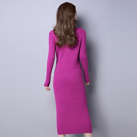 Knitted Round Neck Dress Long Sleeves Autumn and Winter Slim Slimming All-match Base Long Sweater Dress Knee-length Warm