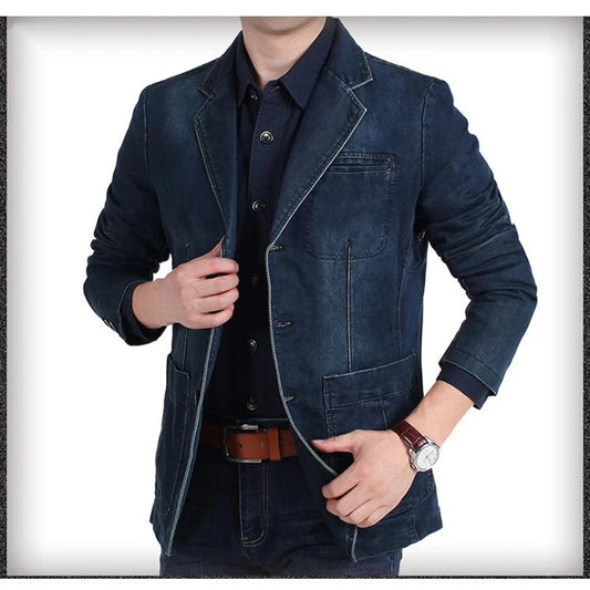 Men's Denim Casual Suit Jacket Spring and Autumn Loose Large Size Outerwear V Neck Denim Casual Jacket Long Sleeves Jackets
