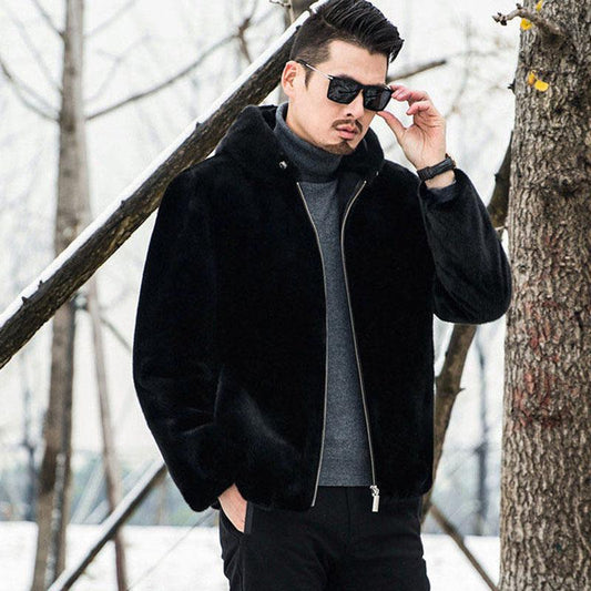 Mink Fur Coat Winter Fur Coat Imitation Mink Hooded Jacket Large Size Solid Color Casual Men's Jacket