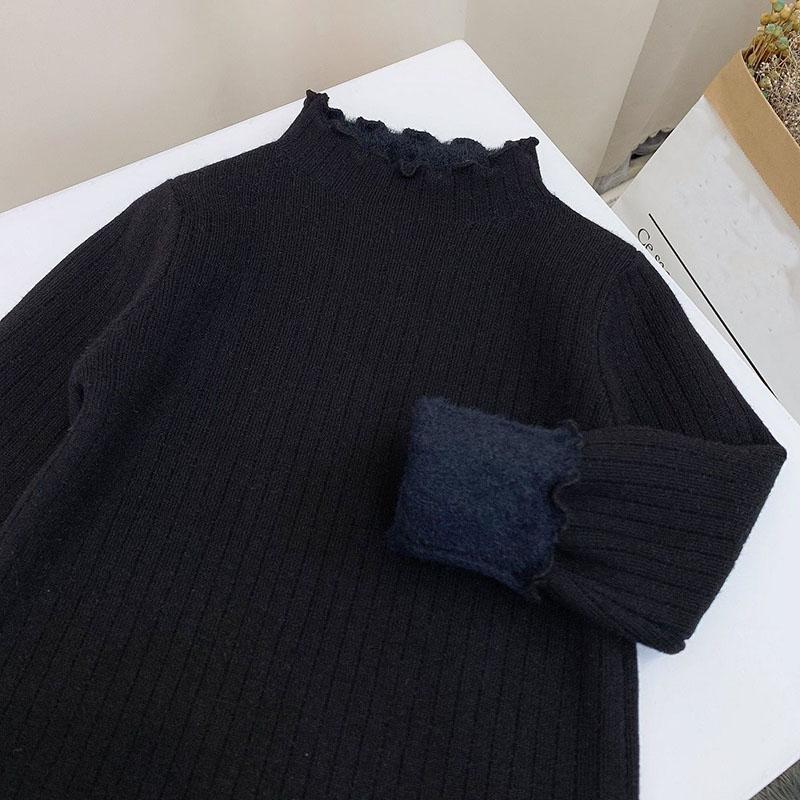 Girls' Bottoming Fir Winter Clothes Plus Velvet Thick Long-sleeved T-shirt One-piece Velvet Half High Neck Sweater Top