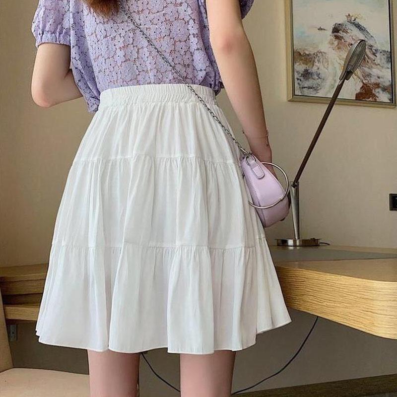 Woman Skirts Girls Casual A-line Skirt Solid Color Mini Skirts Summer Female Elastic High Waist Pleated Skirt Loose Ball Gown