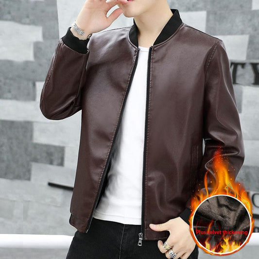 Autumn and Winter Men's Leather Jacket Thicken Stand Collar Jacket Young and Middle-aged Flight Jacket Motorcycle Jacket