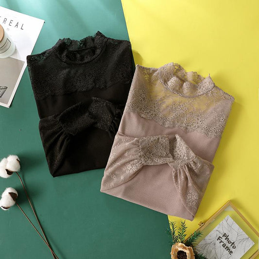Lace Bottoming Shirt Women's Shirt Long-sleeved Fashion Chic Top Design Sense Mesh Stitching Inner Wear Blusas Cortas Sexy