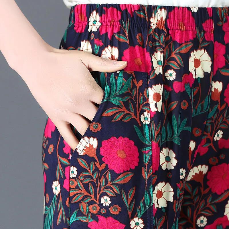 Women's Trousers Summer Thin Cropped Trousers Loose Straight Leg Pants Flower Pants Drawstring Sweatpants