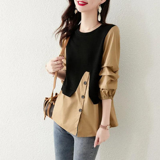 Fake Two-piece Top Shirt Black and White Three-quarter Sleeves Loose All-match Plus Size Women's Clothing