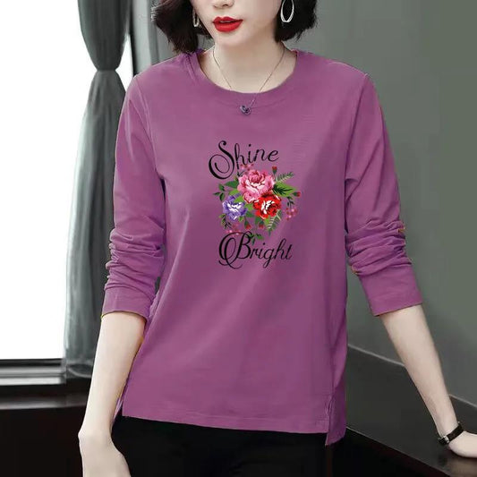 Floral Print Long Sleeve T-shirt Casual Slit Bottoming Shirts Women Cotton Pullover