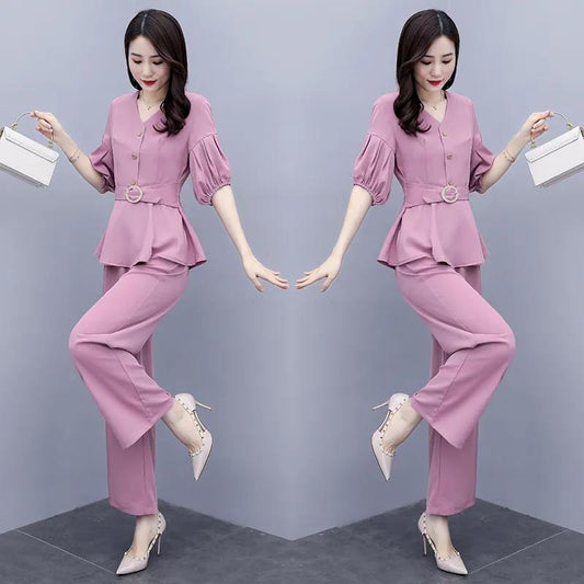 Ladies Chiffon Suit V-neck Waist Slimming Shirt Loose Wide-leg Pants Two-piece Loose and Thin Temperament Casual Two-piece Professional Wear