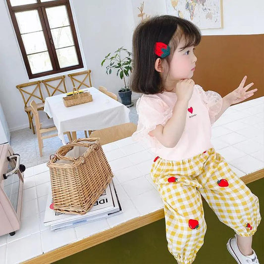 Girls' Pants Summer Thin Section Children's Strawberry Plaid Trousers Children's Mosquito Pants Female Baby Bloomers