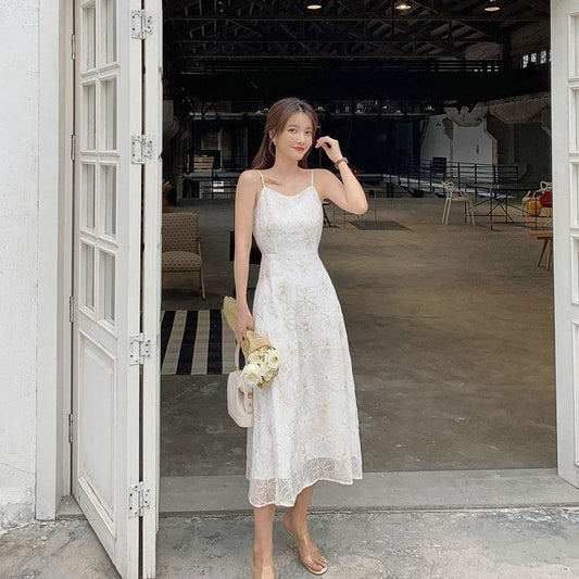 Female Super Fairy White Suspender Long Dress Vintage Elegant Sweet Date Dress Slim Little Fresh Holiday Dress