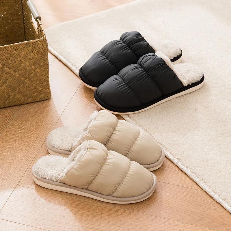 Cotton Slippers Women Thick Fleece Plus Size Couple Winter Shoes Black Plat Non Slip Men Slides