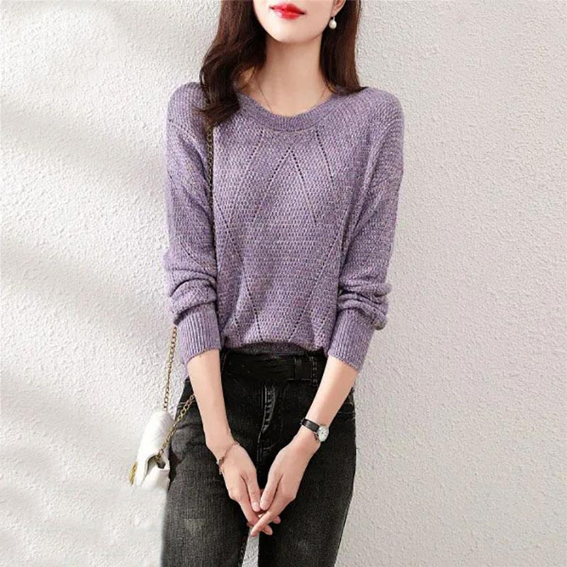 Sweater Women's Pullover Knitwear Korean Style Hollow Loose Top Trending Purple Sweater Autumn and Winter Fluffy Fashion