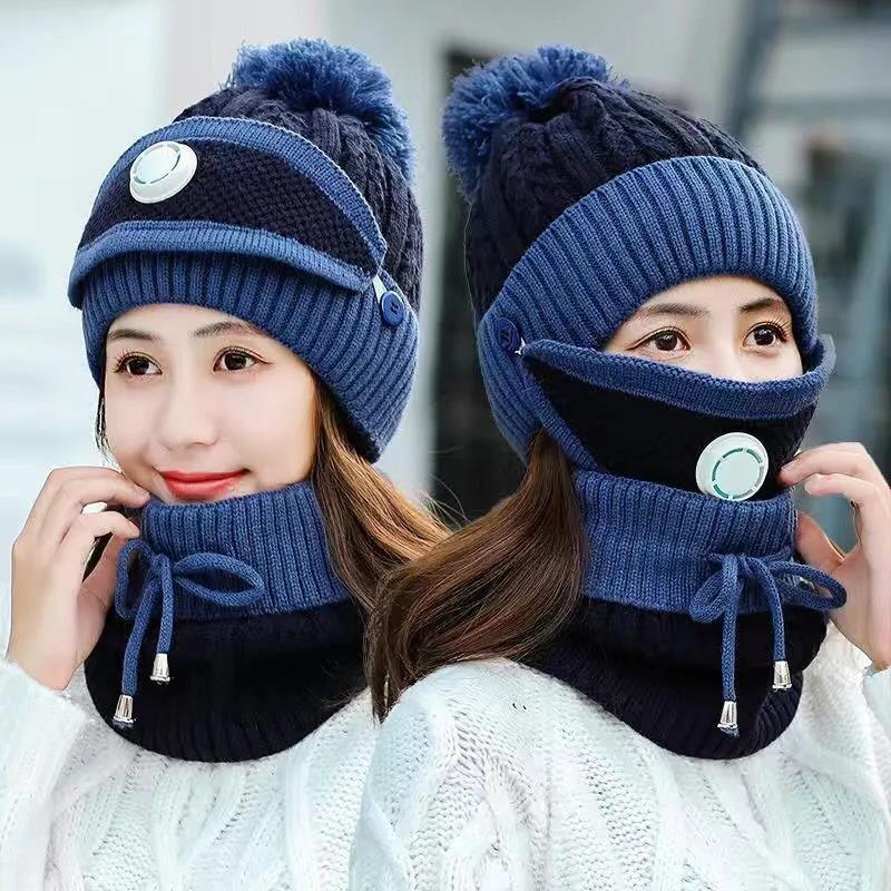 Three-in-one Winter Women's One-piece Hat Plus Velvet Warm Cotton Mask Hat Woolen Cap Baotou Bib