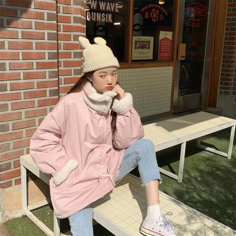 Korean Mid-length Double-sided Cotton-padded Jacket Women's Winter Cotton-padded Jacket and Lamb Wool Thick Coat Sweet