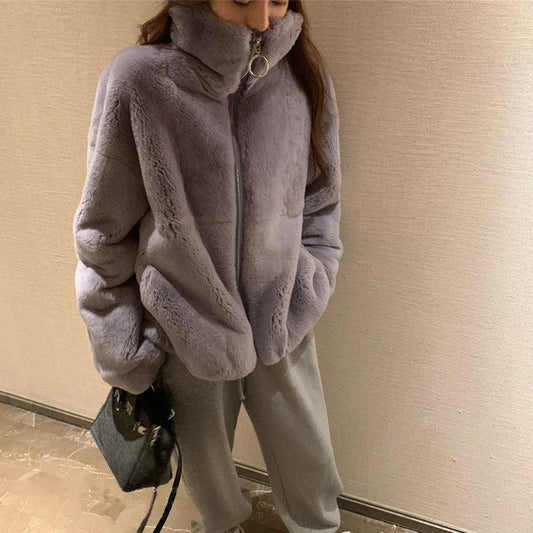 Fashion Western Style Fur Coat Female Tide Ins Winter Imitation Rex Rabbit Fur Korean Style Loose Stand-up Collar Women's Short Coat