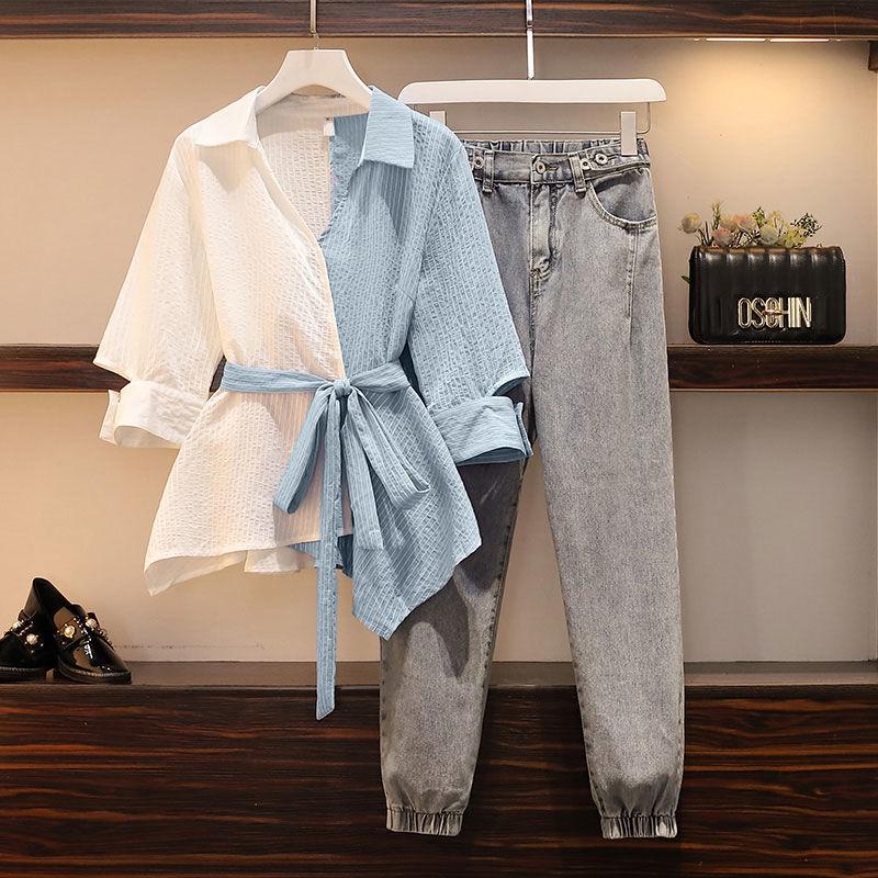 Spring Women Half-sleeve Asymmetrical Blouse Denim Jeans Plus Size Pants Set