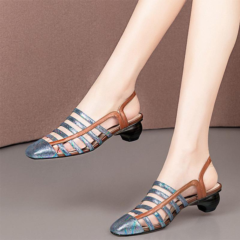Baotou Sandals Women's Thick and Summer Low-heeled Single Shoes Hollow Color Matching Large Size Women's Shoes