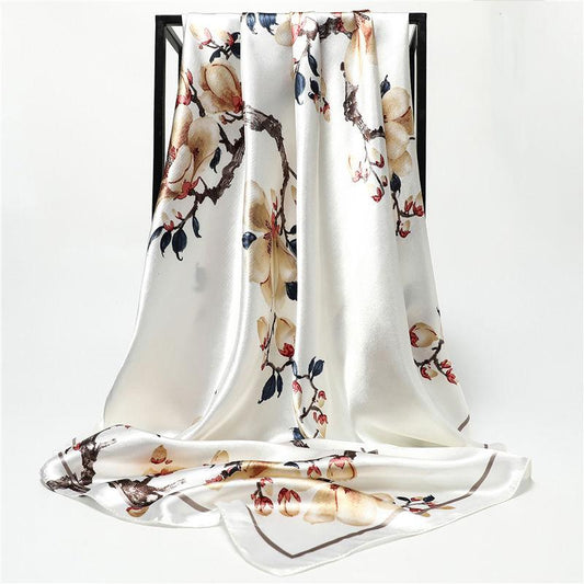 Square Silk Imitation Satin Women Elegant Scarf Flower Wrap Shawl All-match Headscarf Sunscreen Gauze Shawl