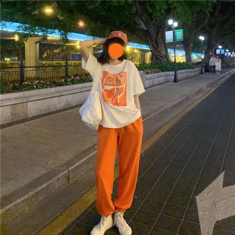 2PCS Women's Sports Suit Korean Version Loose T-shirt + Wide Leg Pants Two-piece Student Casual Suit