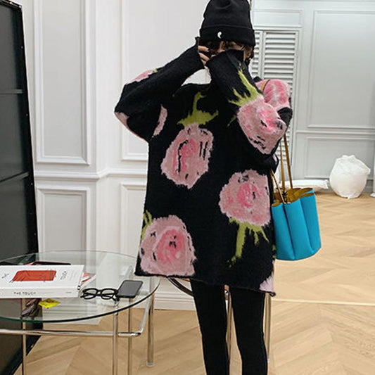 Women's Sweater Loose Outer Wear Autumn Winter Casual Retro Jacquard Mid-length Pullover Knit Top