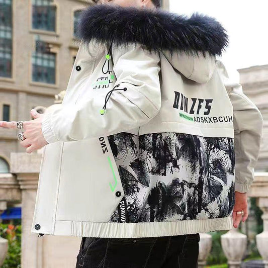 Men's Hooded Woolen Collar Cotton Padded Jacket for Young People