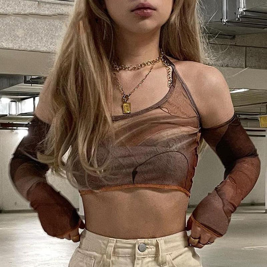 Printed Brown Backless Sexy Vest Corset Top Vintage Crop Top Grunge Kawaii with Glove Fashion Sweats Women Summer Camis Korean Style
