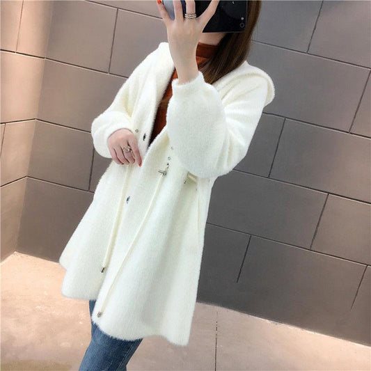 Autumn and Winter Long-sleeved Cardigan Jacket Mid-length Style Hooded Loose Sweater