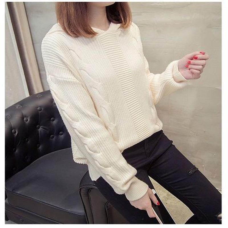 Sweater Women Autumn Winter V-Neck Black Hooded Sweater Long Sleeve Pullover Knitted Sweater