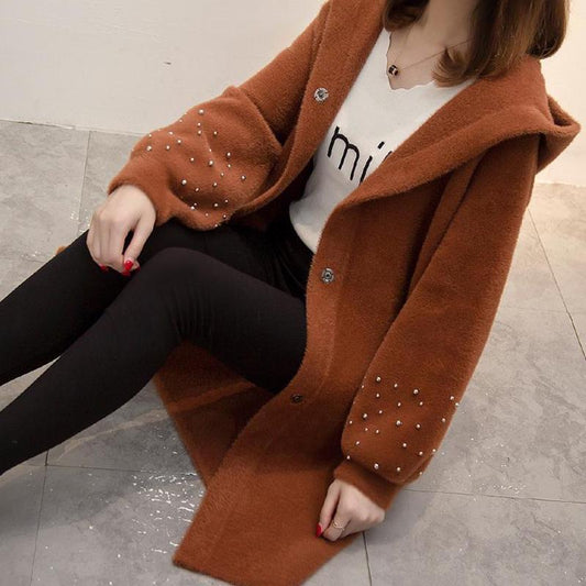 Mid-length Lantern Sleeve Beaded Sweater Autumn and Winter Korean Casual Hooded Coat