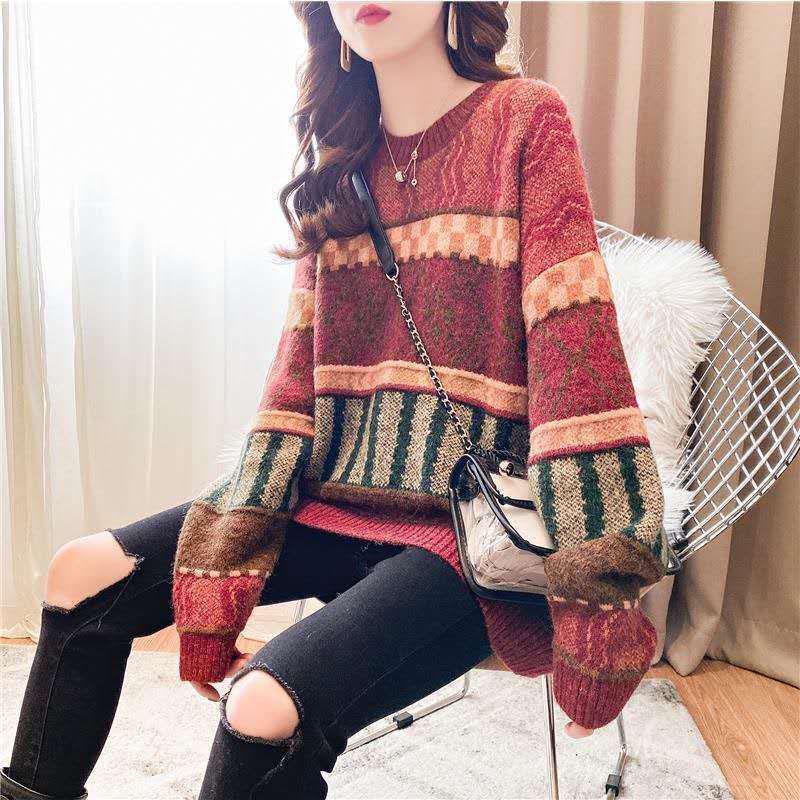 Women vintage Jacquard Knitted Sweater Ethnic Style Thick Warm Pullover Sweater coat Outer Wear Autumn Winter