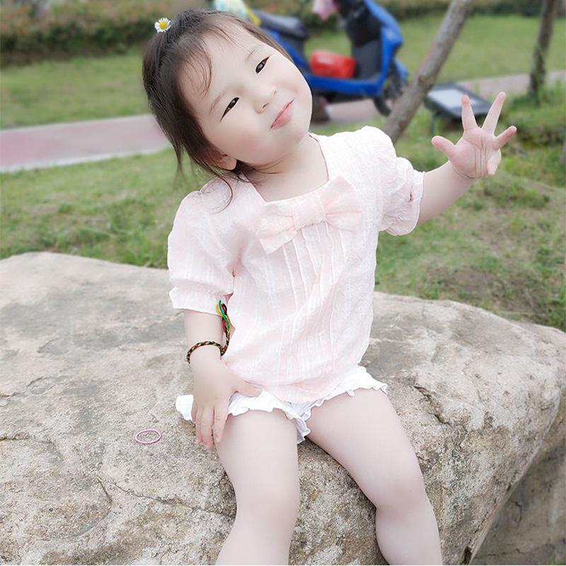 Girls' Summer Clothes Korean Style Western Style Shirt, Female Baby All-match Bow Tie Short-sleeved Princess Shirt