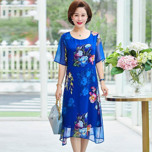 XL-XXXXXL Plus Size Mom's Summer 2 Layers Chiffon Dress Mid-length Printed Over-the-knee Skirt