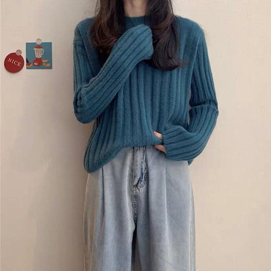 Autumn Winter Knitted Pullover Round Neck Versatile Thick Warm Woolen Sweater Bottoming Shirt Vertical Stripes Loose