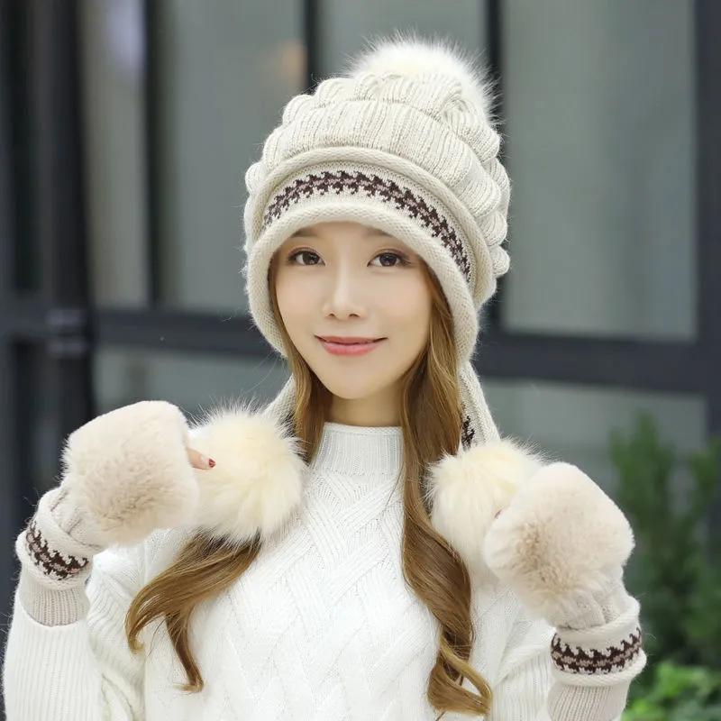 Women's Winter Hats Gloves Korean Knitted Caps Warm Woolen Caps All-match Sweet Cute Padded Ear Caps Rabbit Fur-blend Ball Hats Beret Hats Gloves Set