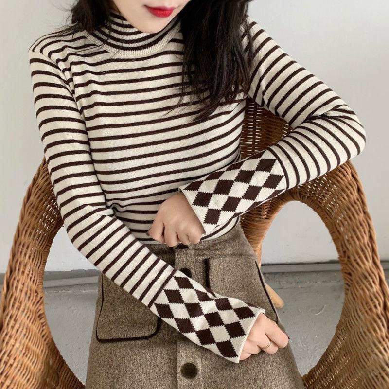 Black and white striped pullover sweater women's winter slim thin turtleneck sweater long sleeves