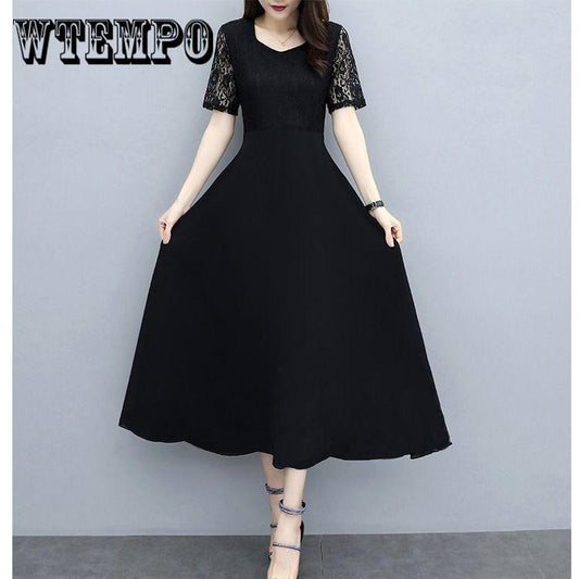2019 summer new style foreign large size women's fat long dress ace stitching dresses Casual black