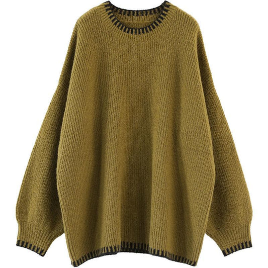 Large Size Knitted Sweater Women Autumn and Winter Loose and Lazy Retro Hit Color Pullover Round Neck Sweater