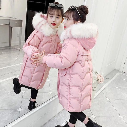 Girls' Warm Cotton Clothes Mid-length Padded Coat Winter Plus Velvet Padded Jacket