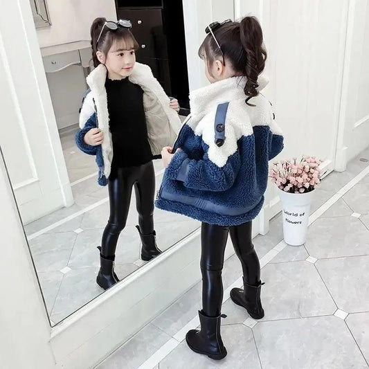 Girls' Autumn Winter Jacket Fashion Hooded Printing Pattern Thick Warm Coat Mink Velvet Cotton Coat Middle Children's Coat
