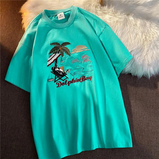 Fashion Embroidery Summer Tee Round Neck Short-sleeve T-shirt Summer Casual Loose Basic T-shirt