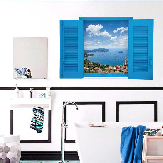 3D Mediterranean blue fake window scenery Bedroom living room porch decorative wall stickers