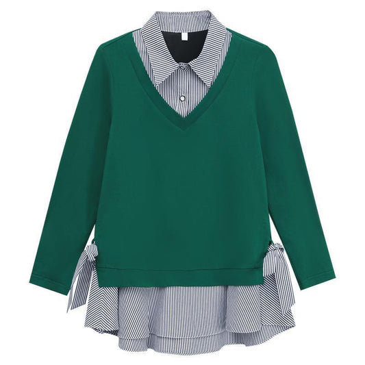 Cotton Plus Size Fake Two-piece Blouse Fall Loose Long Sleeve Sweater Women